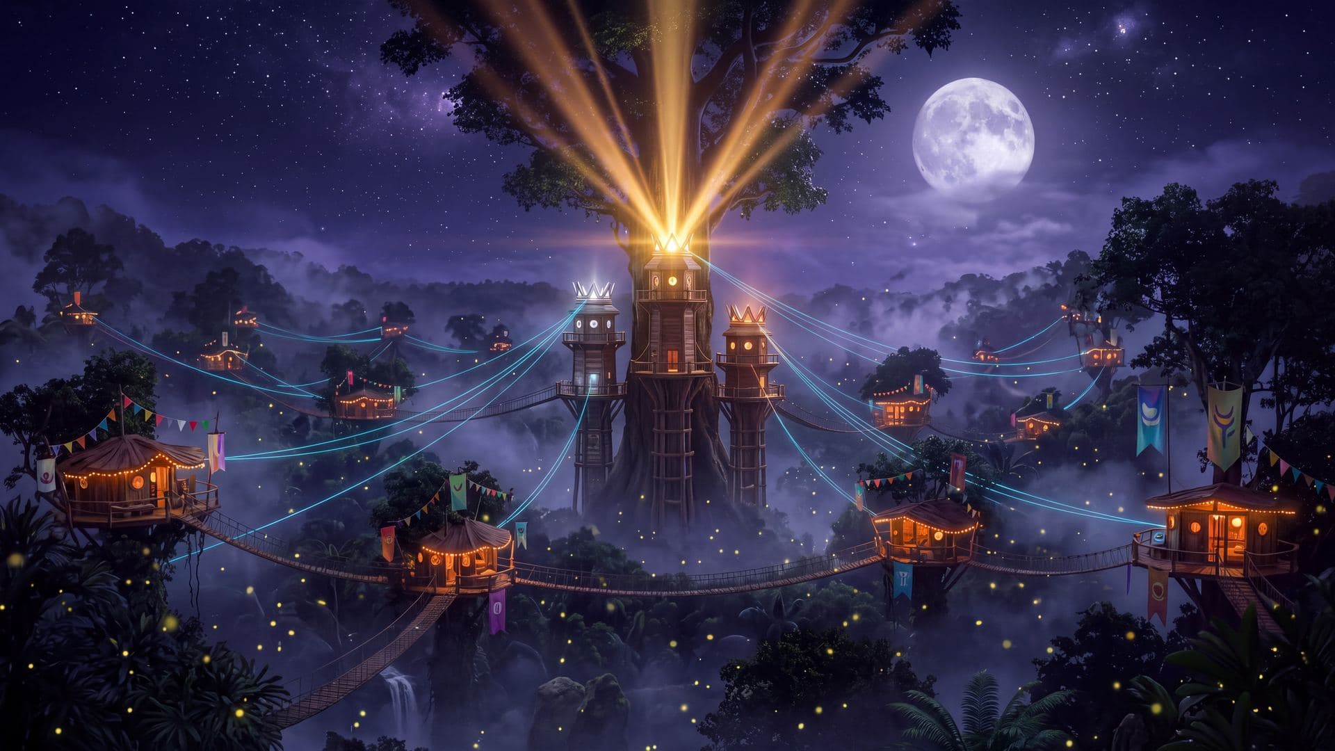 Das Tal der Communities mit beleuchteten Häusern zwischen Bäumen und verbindenden Lichtfäden.