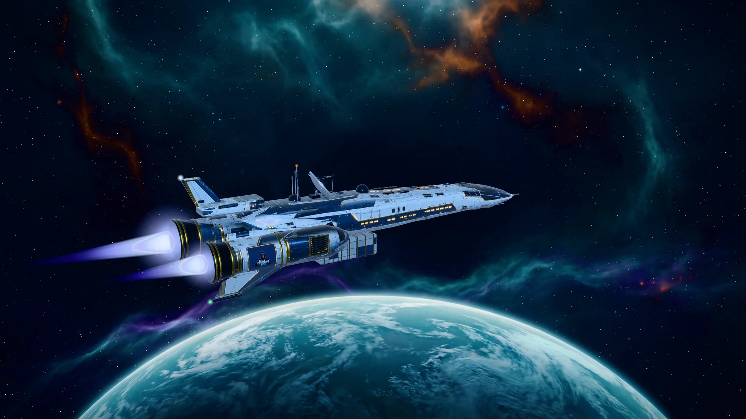 Das Raumschiff der eMonkeys im Orbit: ein schlankes weißes Schiff mit blauen Streifen und leuchtenden Triebwerken über einem Planeten vor einem Nebel – das Motiv der eFunkeys-Produktseite.