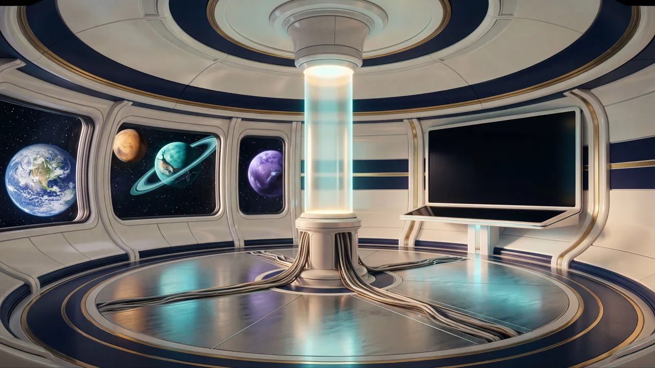 Das Deck Bordintelligenz im Raumschiff der eMonkeys: eine ruhige Kammer mit einer Kristallsäule im Licht.