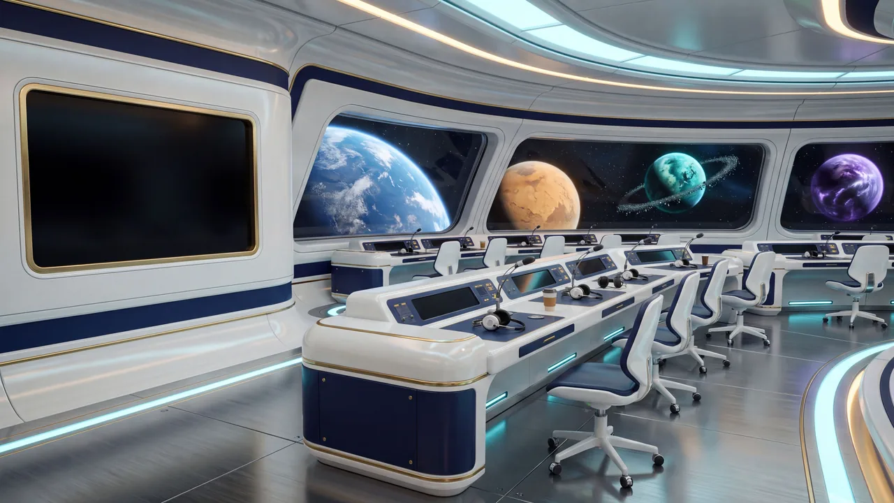 Das Deck Funkraum im Raumschiff der eMonkeys: Funkkonsolen mit Headsets vor einer großen Kanalwand.
