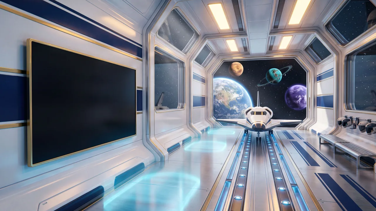 Das Deck Startrampe im Raumschiff der eMonkeys: eine Shuttle-Bucht mit Startlichtern.