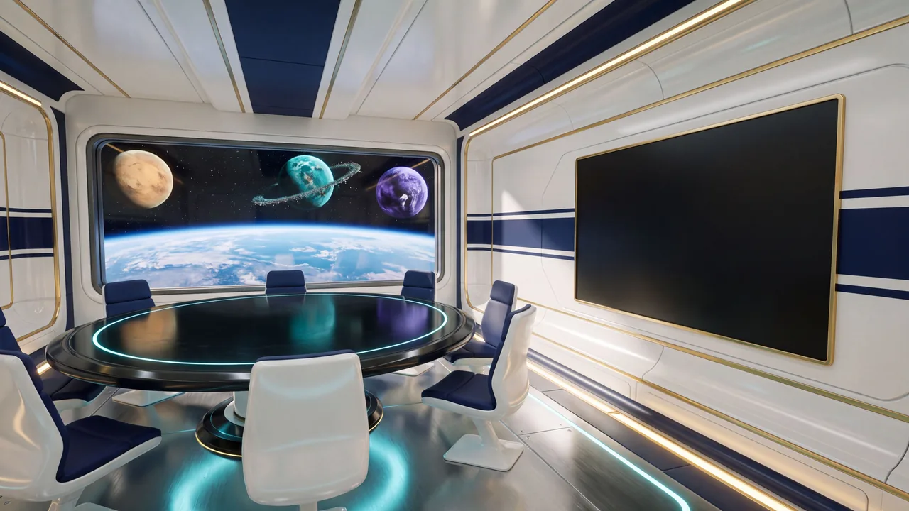 Das Deck Einsatzplanung im Raumschiff der eMonkeys: ein Taktikraum mit Hologramm-Kartentisch und einer Zeitplanwand.