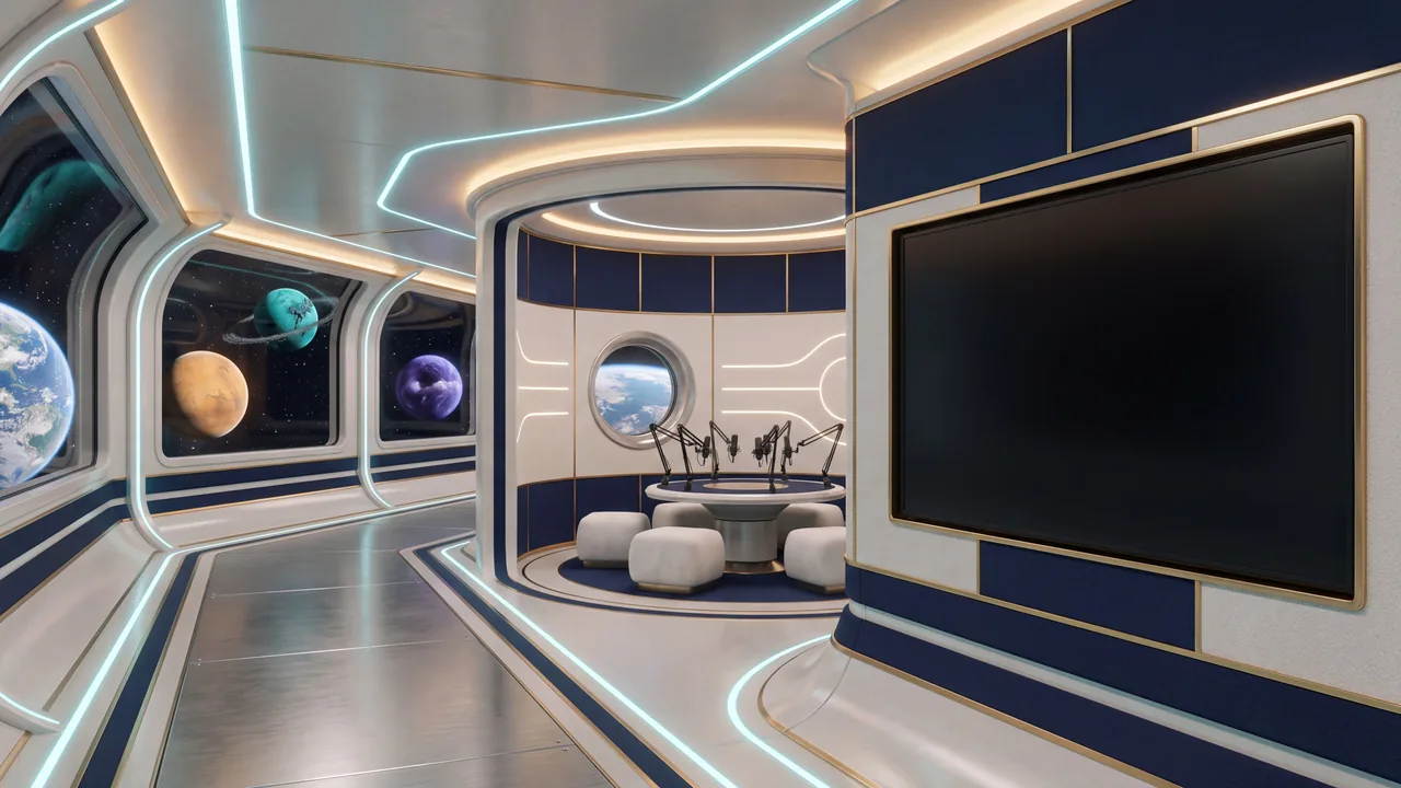 Das Deck Sprechfunk im Raumschiff der eMonkeys: eine Sprechkabine mit Mikrofonen vor einer Lautsprecherwand.