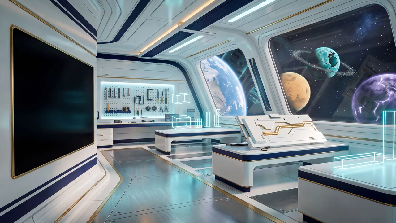 Das Deck Baudock im Raumschiff der eMonkeys: ein Konstruktionsdock mit Bauplänen als Hologramme.